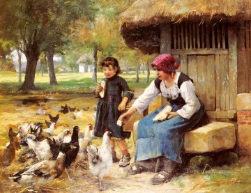 Fowl Painting - Feeding Time farm life Realism Julien Dupre